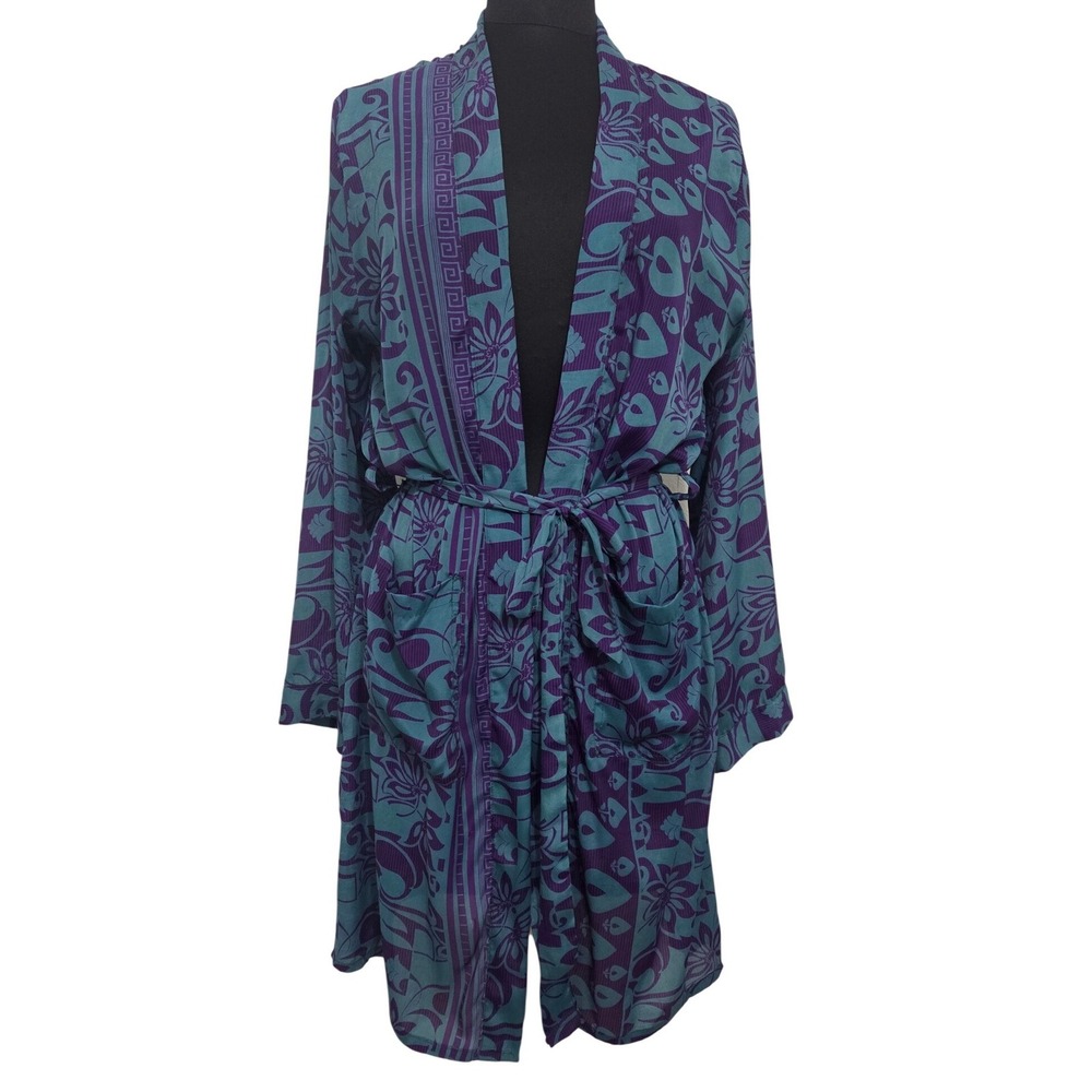 Vintage Earthbound Trading Co Teal Purple 100% Silk Robe Kimono Belted Size S